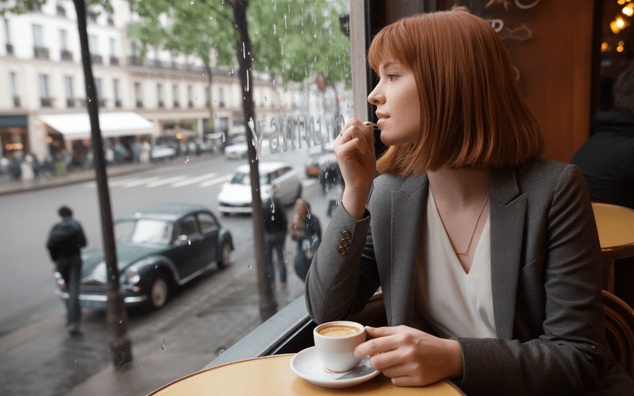 Femme au coiffure courte, vêtue d'un blazer, sirote un café en regardant par la fenêtre, sous la pluie à Paris.