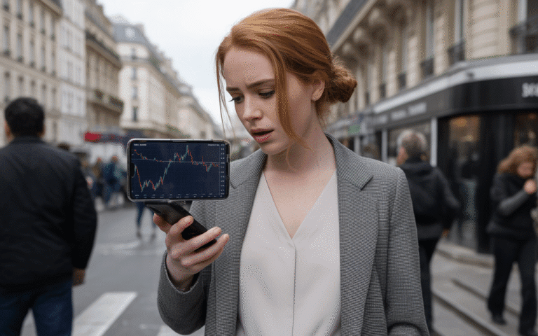 Femme préoccupée regardant un graphique boursier sur son téléphone, dans une rue animée de Paris.