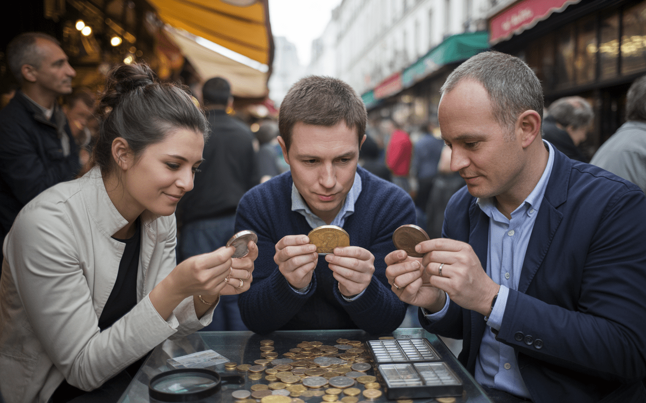Trois personnes examinent des pièces de monnaie sur une table, entourées d'autres passants. Une ambiance de marché animé à Paris.