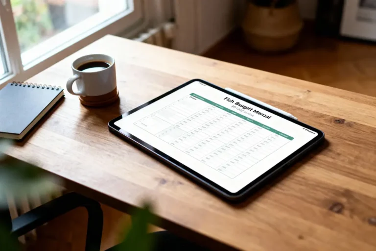 Tablette affichant un tableau de budget mensuel sur une table avec carnet et tasse de café.