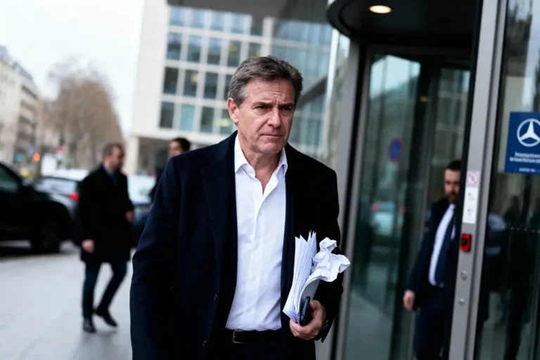 Un homme en costume, tenant des documents, sort d'un bâtiment moderne, entouré de voitures et passants flous.