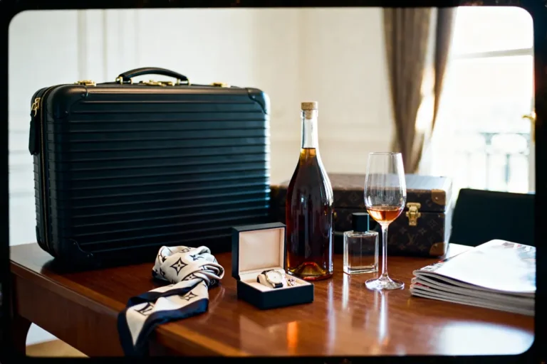 Malette noire, bouteille, verre de vin, montre, foulard et magazines sur une table en bois. Ambiance luxueuse.
