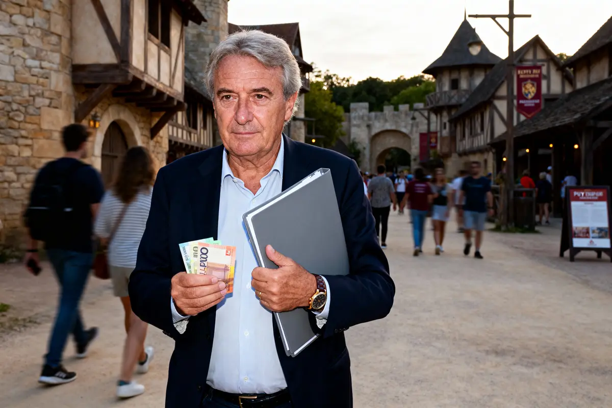 Homme tenant des billets et un dossier, marche dans une rue médiévale animée avec bâtiments en pierre.