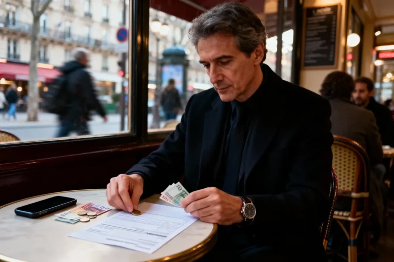 Homme comptant des billets et pièces à une table de café parisien, documents devant lui.
