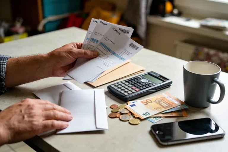 Homme vérifiant des factures, avec calculatrice, billets et pièces en euros, tasse et téléphone sur table.