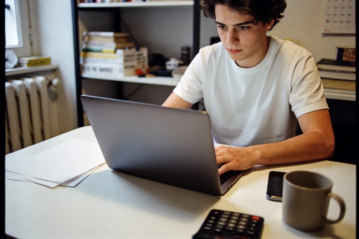 Un jeune homme étudiant sur un ordinateur portable à un bureau avec livres, calculatrice, et tasse.