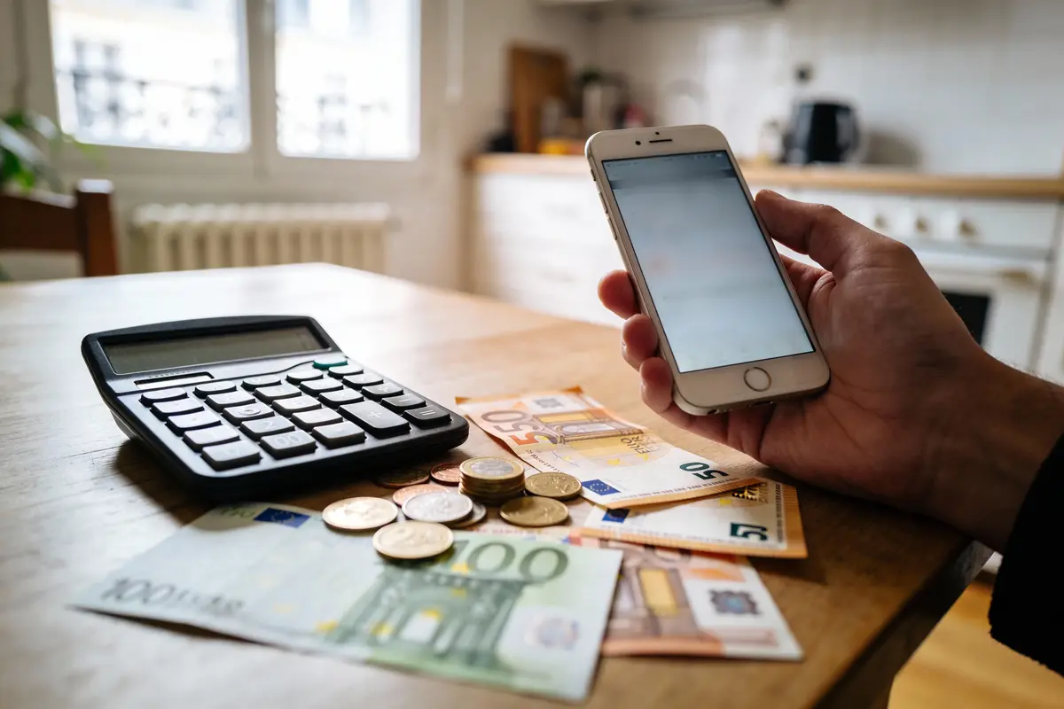 Calculatrice et smartphone posés sur une table avec billets et pièces en euros.