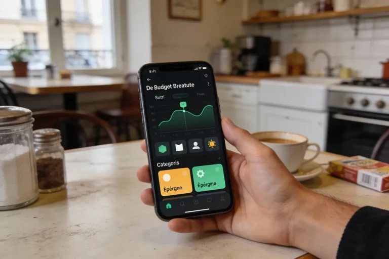 Personne tenant un smartphone avec application de gestion budgétaire, intérieur de cuisine en arrière-plan, tasse de café.