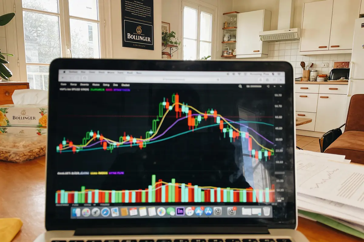 Ordinateur portable affichant graphes financiers colorés, posé dans une cuisine lumineuse.