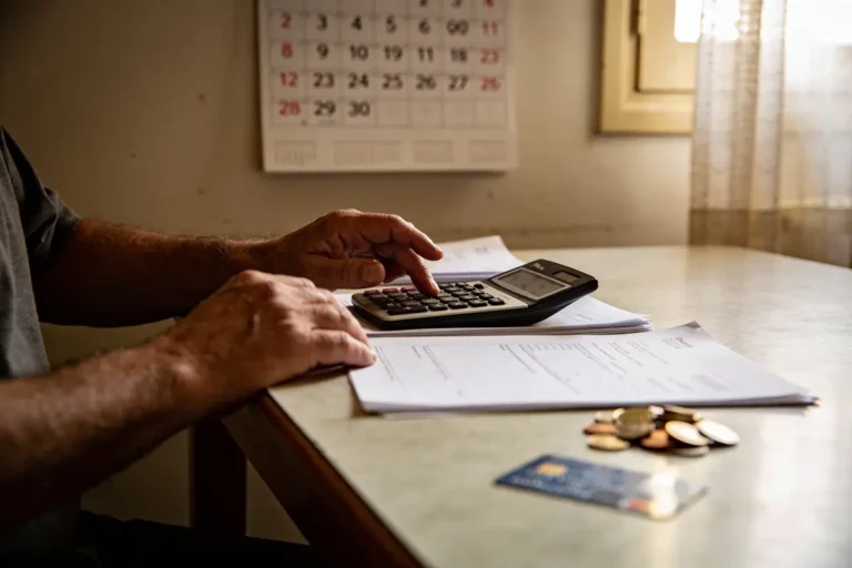Personne utilisant une calculatrice sur des documents, avec calendrier, pièces de monnaie et carte bancaire sur la table.