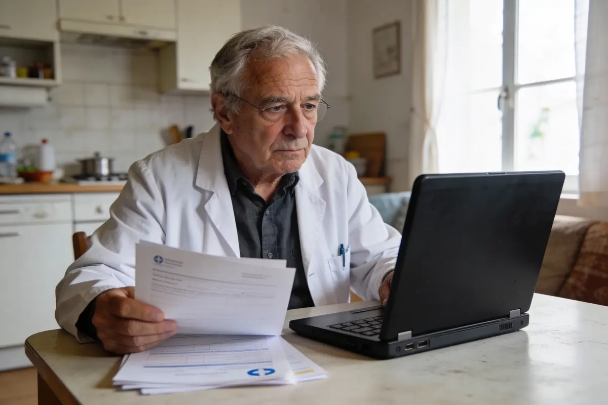 Homme âgé en blouse blanche travaille sur ordinateur portable en lisant des documents, dans une cuisine lumineuse.