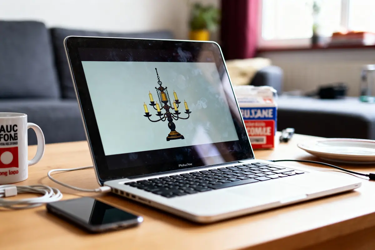 Ordinateur portable affichant un lustre, posé sur table avec smartphone, tasse, et boîte derrière.