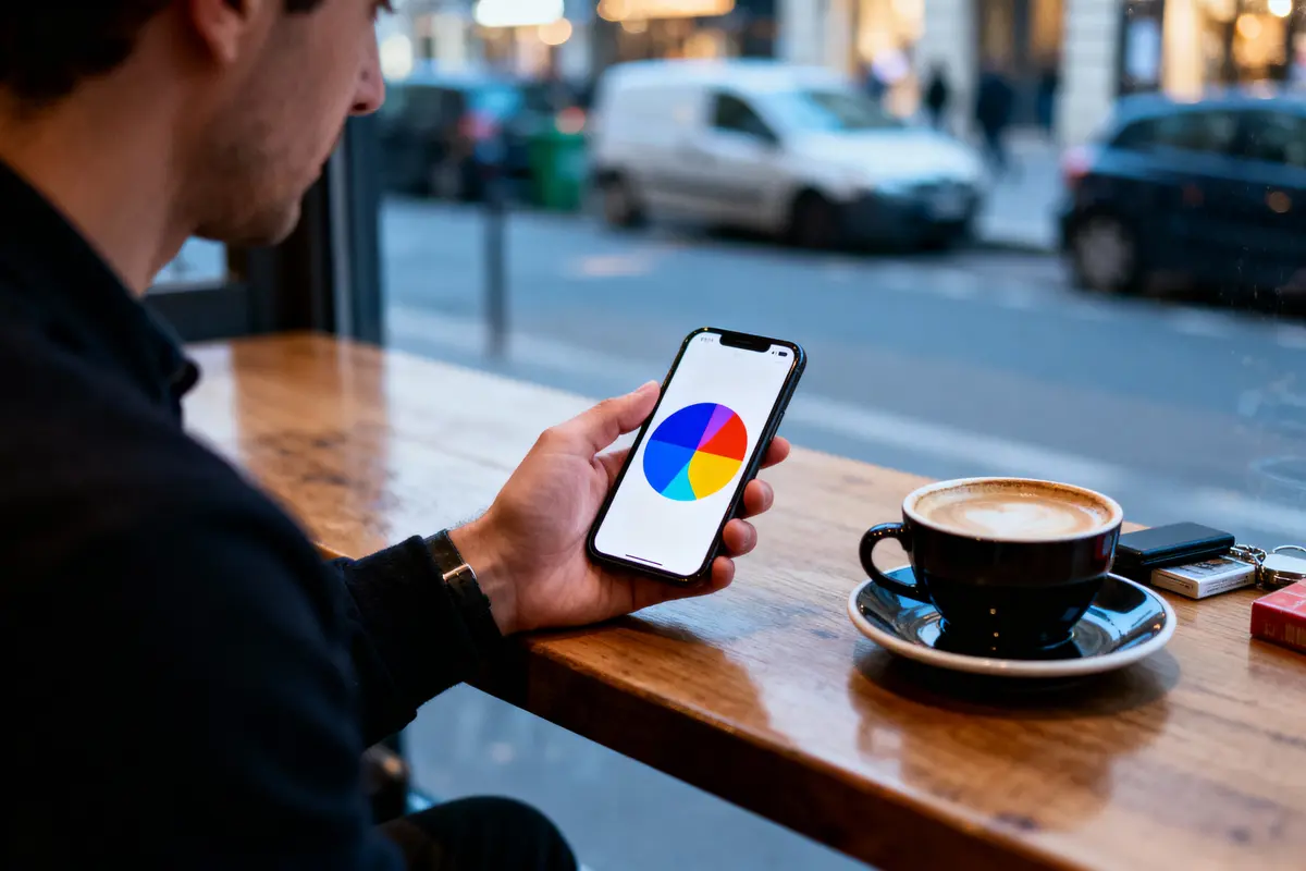 Homme regardant smartphone affichant cercle coloré, assis devant café dans un café, voitures à l’extérieur.