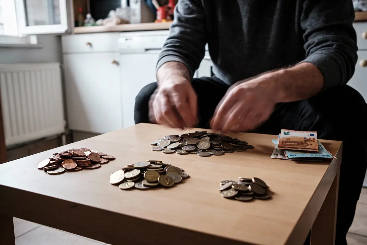 Personne comptant des pièces de monnaie et billets sur une table en bois dans une cuisine.