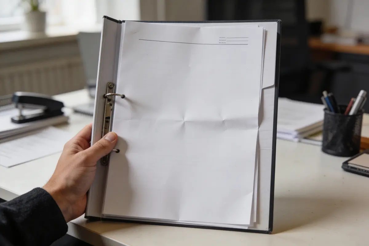 Une main tient un classeur ouvert avec des feuilles blanches sur un bureau. Environnement de bureau.