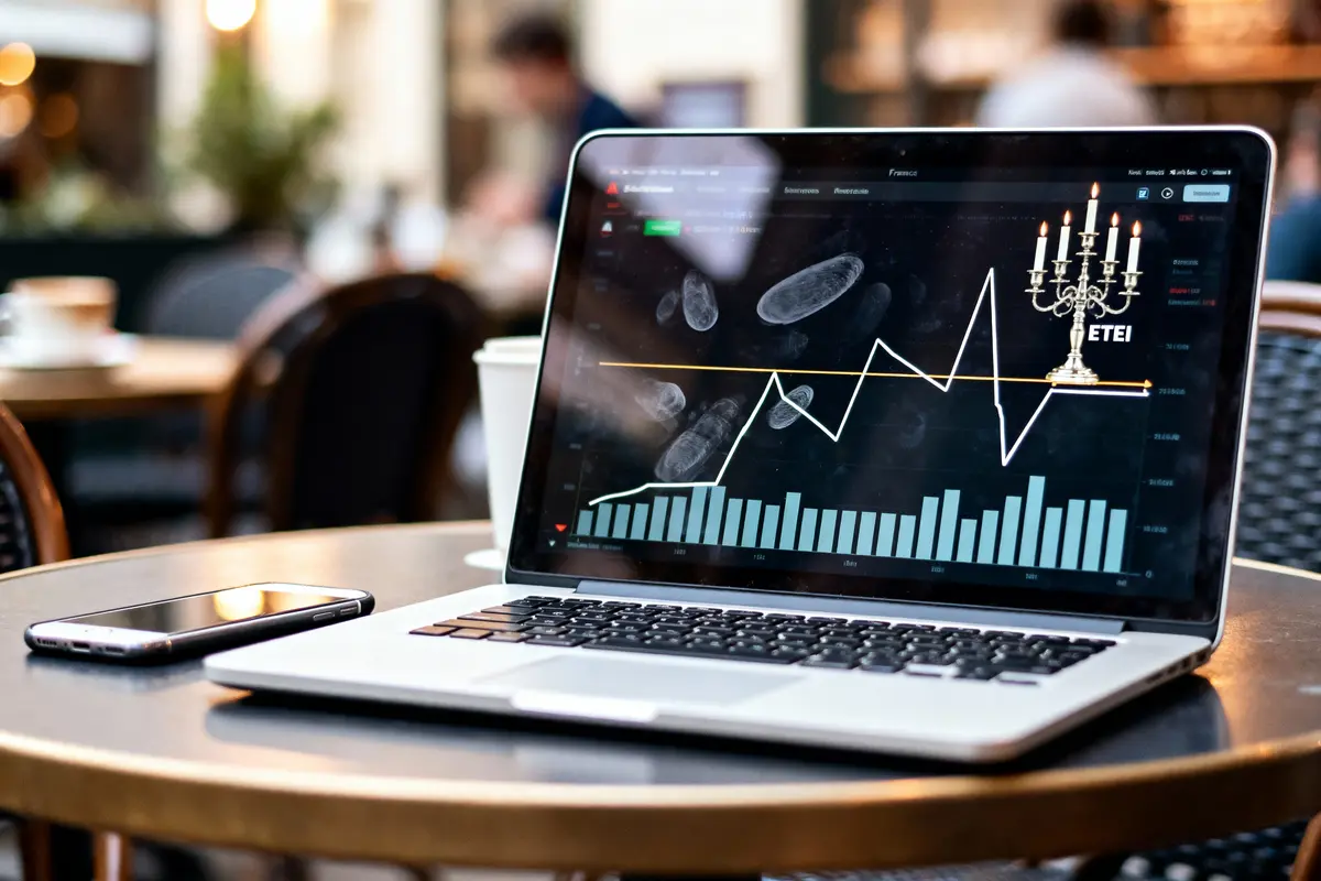 Ordinateur portable affichant graphiques financiers sur table de café, avec smartphone à côté.