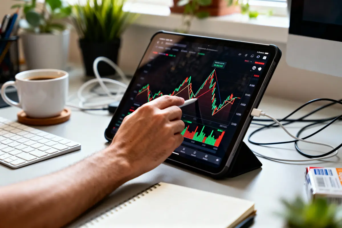 Une main utilise un stylet sur une tablette affichant un graphique boursier, bureau moderne en arrière-plan.