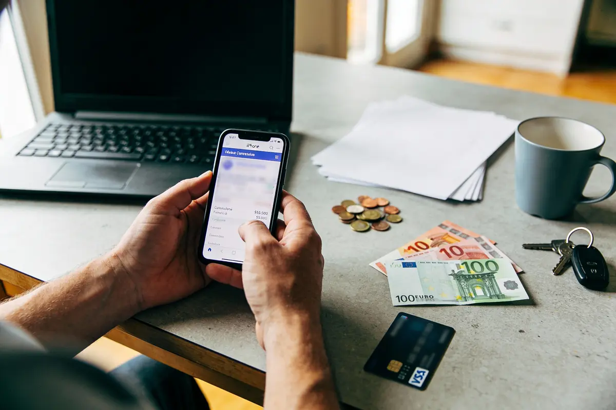Personne utilisant un smartphone, pièces, billets en euros, ordinateur portable, carte bancaire et clés sur une table.