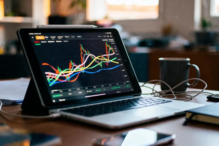 Tablette affichant graphiques financiers colorés sur un bureau, avec tasse, ordinateur portable, câbles, bureau flou.
