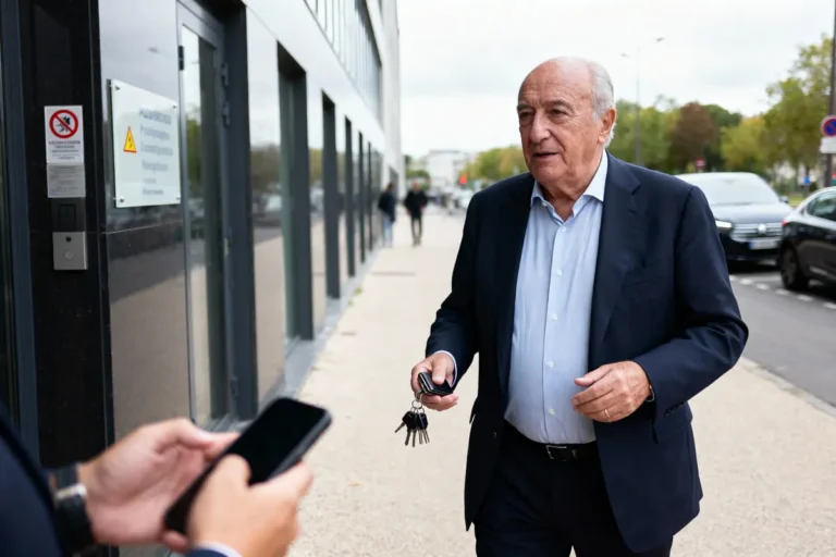 Homme en costume sortant d'un bâtiment, tenant des clés, téléphone en arrière-plan, voitures dans la rue.