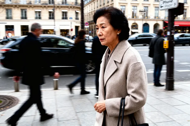 Une femme marchant dans une rue parisienne animée, voitures en mouvement en arrière-plan.