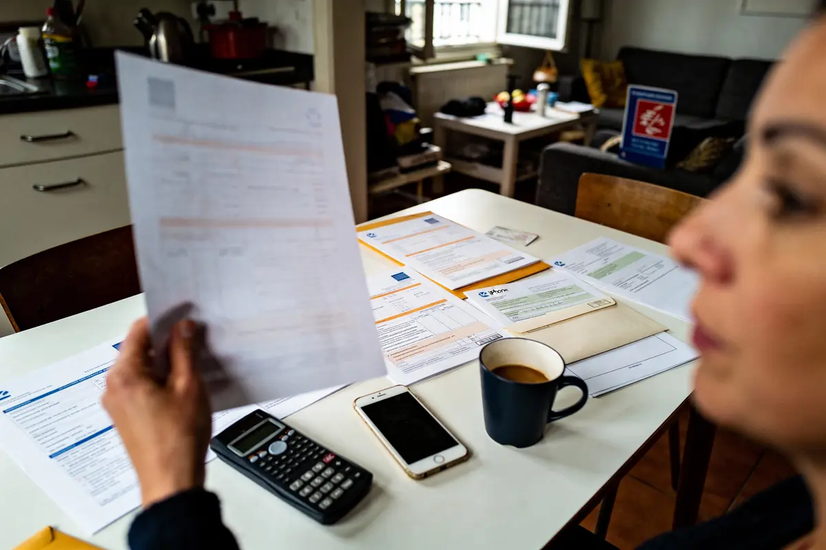 Personne examinant des documents sur table, avec tasse, calculatrice, téléphone et papiers. Intérieur de cuisine visible.