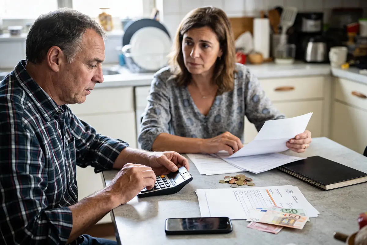 Un couple gère des finances à table, avec calculatrice, documents et billets d'euro dans la cuisine.