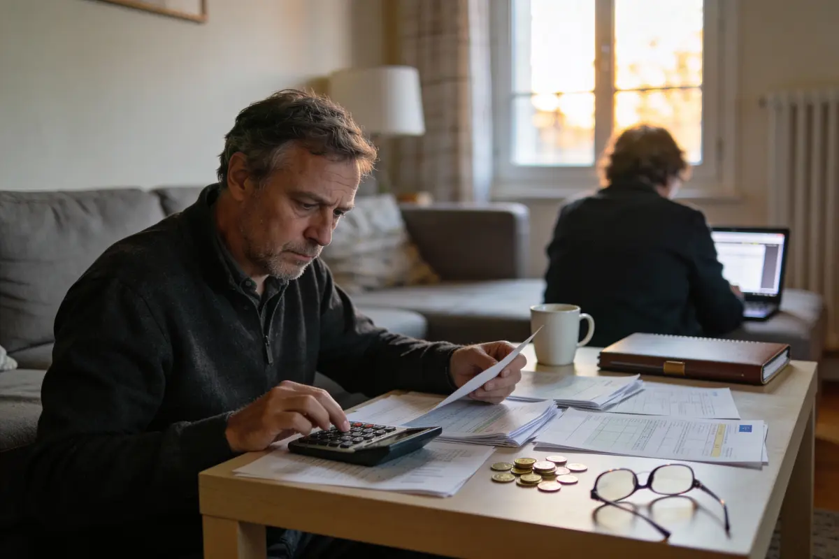 Homme calculant des finances, assis à la table, documents, pièces, femme en arrière-plan sur ordinateur portable.