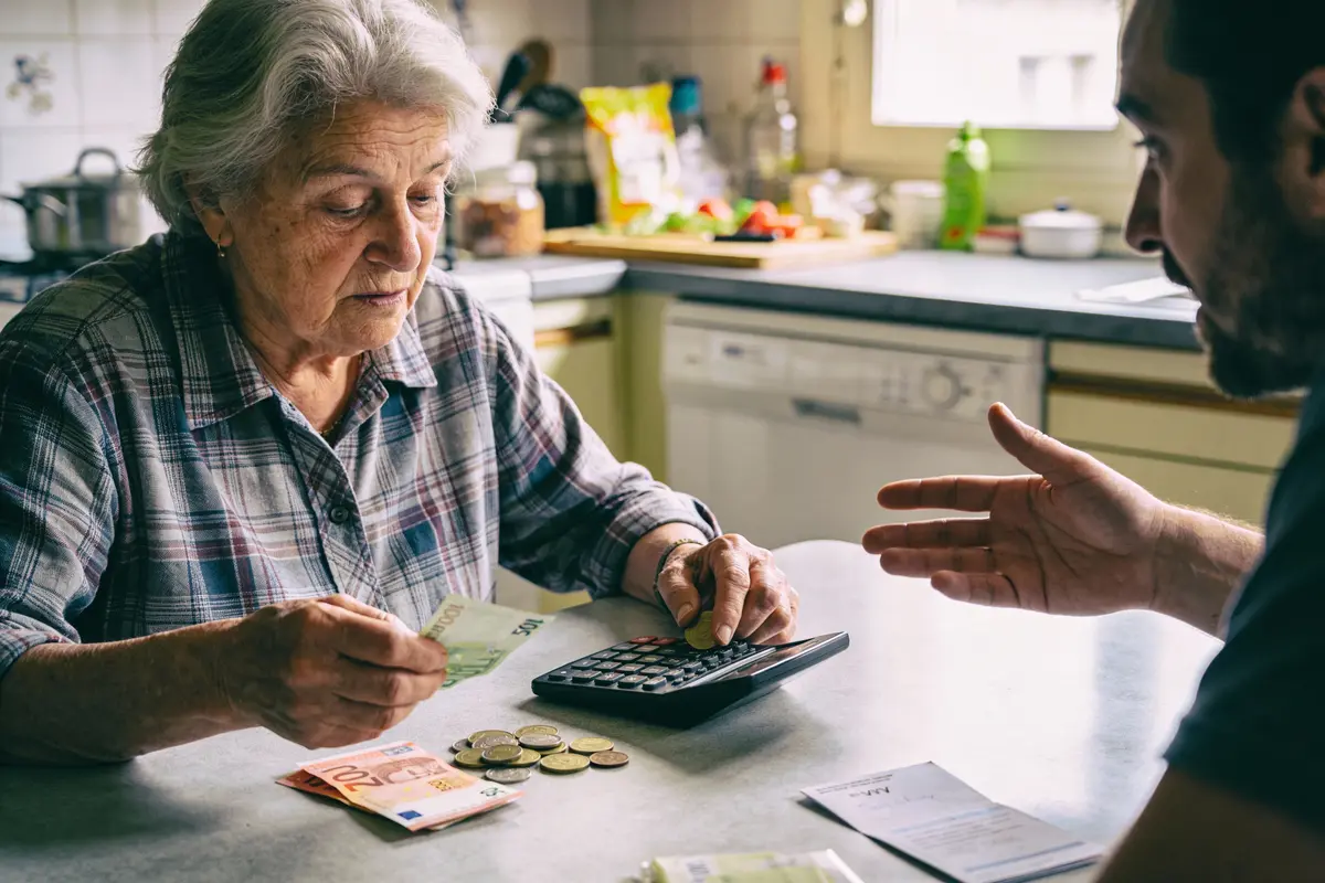Une femme âgée compte de l'argent avec un homme dans une cuisine.