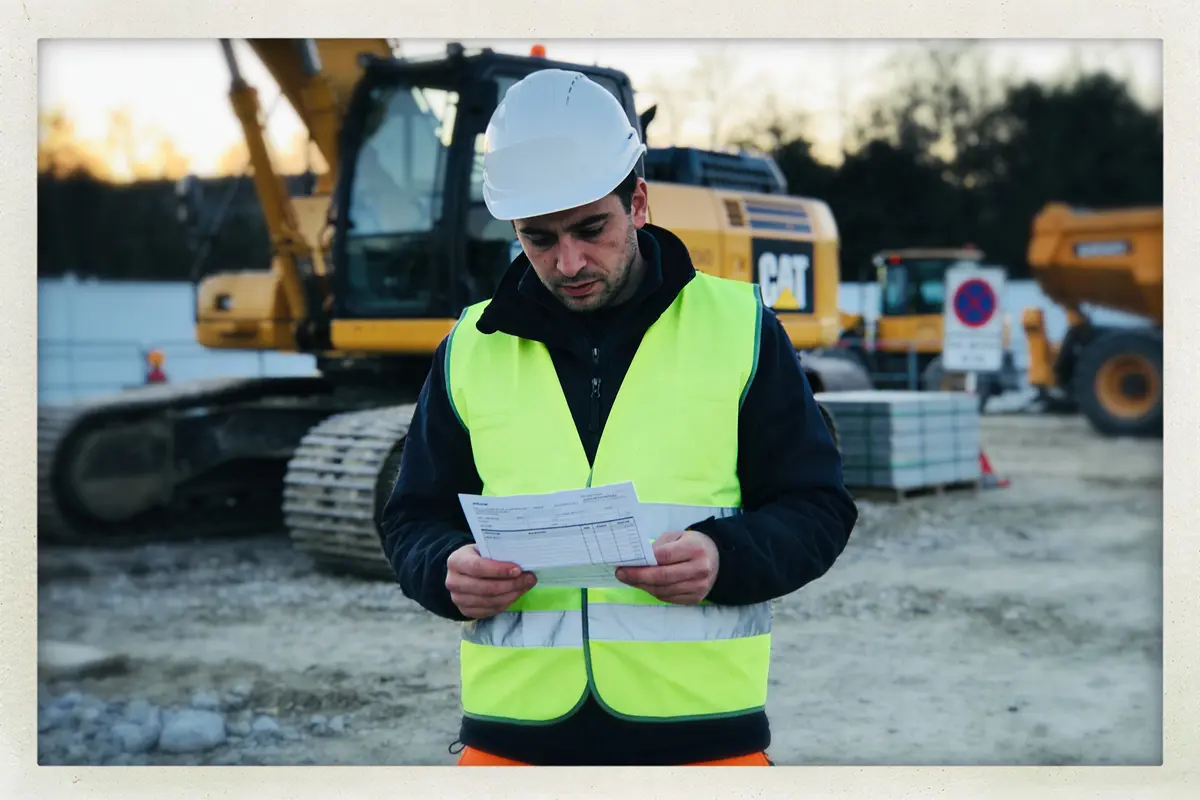 Homme en veste fluorescente et casque lit un document sur un chantier avec engins de construction.