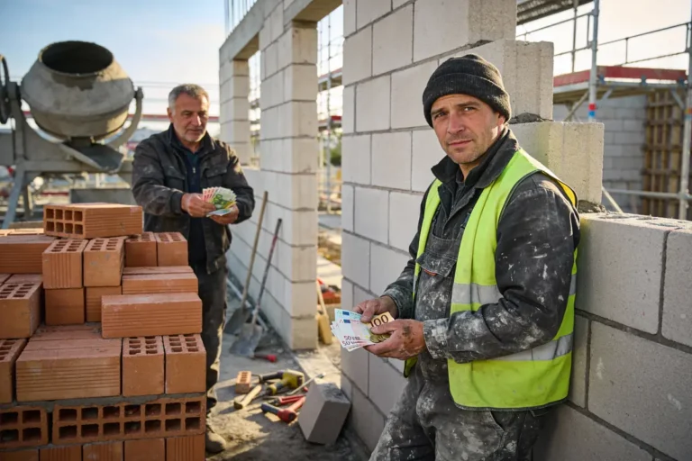 Deux ouvriers de chantier comptent des billets devant un mur en construction et des briques.