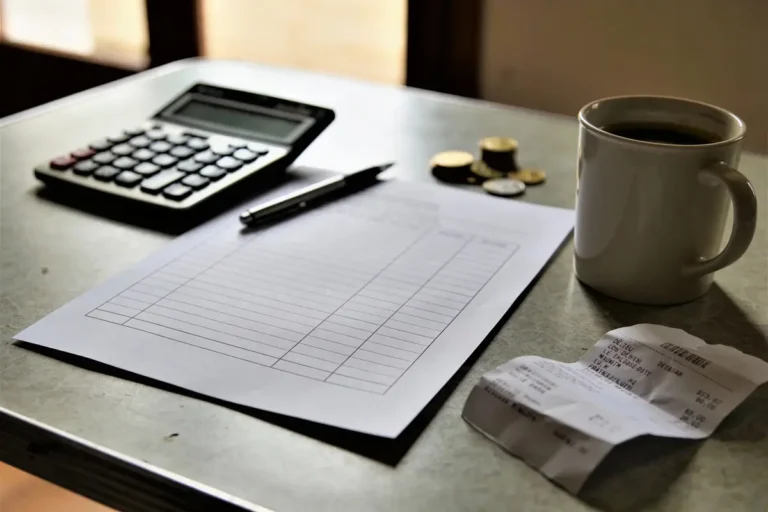 Calculatrice, papier, stylo, café, pièces, et reçu sur table grise éclairée, scène de travail administratif.