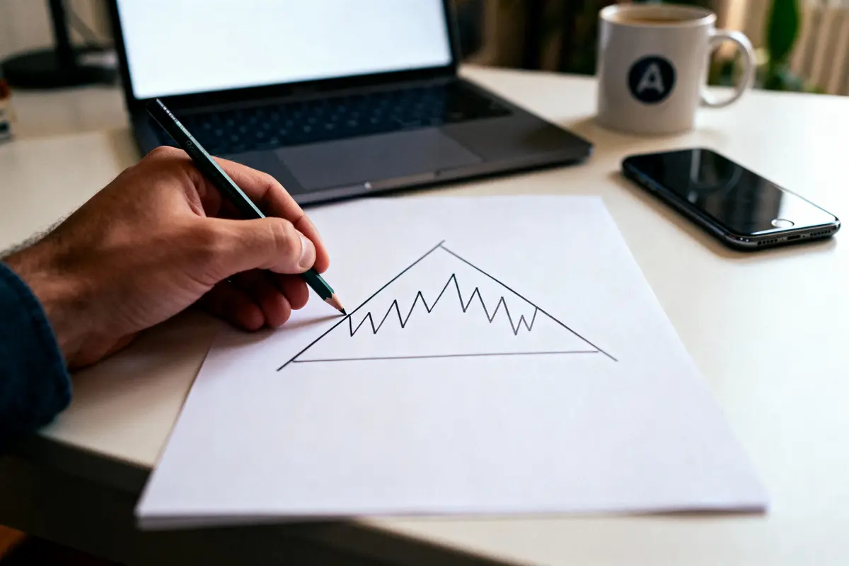 Main tenant un crayon dessine un graphique sur papier, avec ordinateur et smartphone à proximité.