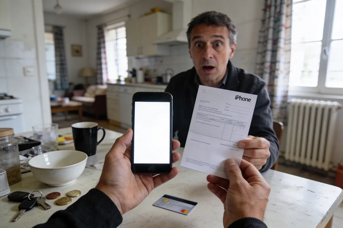 Homme surpris regardant facture d'iPhone, téléphone et carte de crédit posés sur une table.