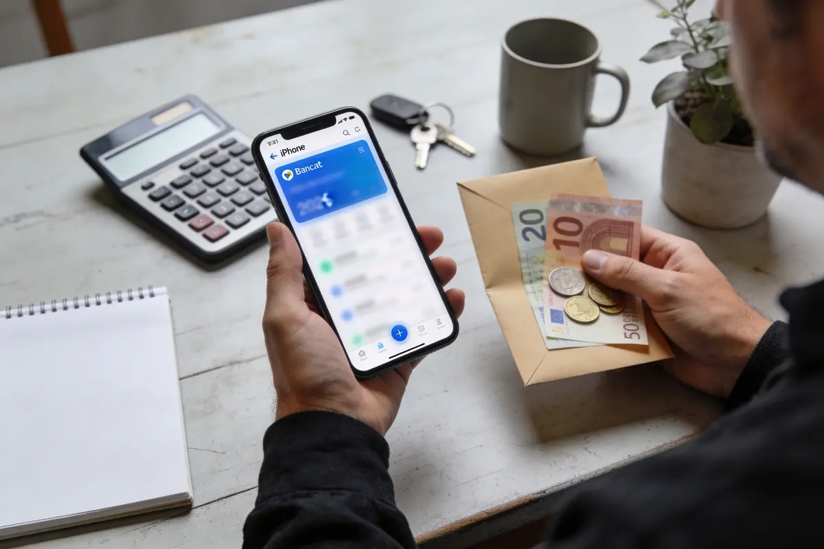 Homme vérifiant une application bancaire sur smartphone, tenant des billets et pièces, près d'une calculatrice et carnet.