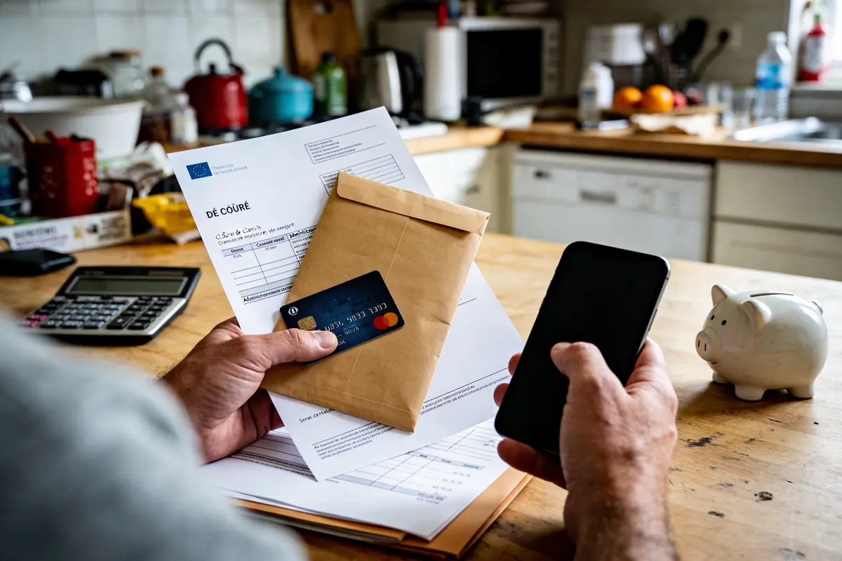 Personne utilisant smartphone, carte bancaire et factures sur table, cuisine en arrière-plan, tirelire cochon à côté.