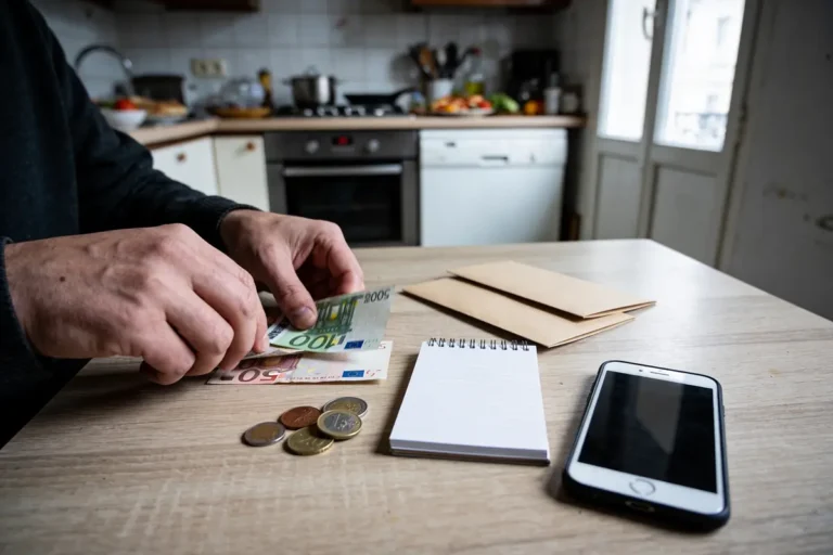 Personne comptant des billets et pièces sur une table, avec cahier, enveloppes et smartphone dans une cuisine.
