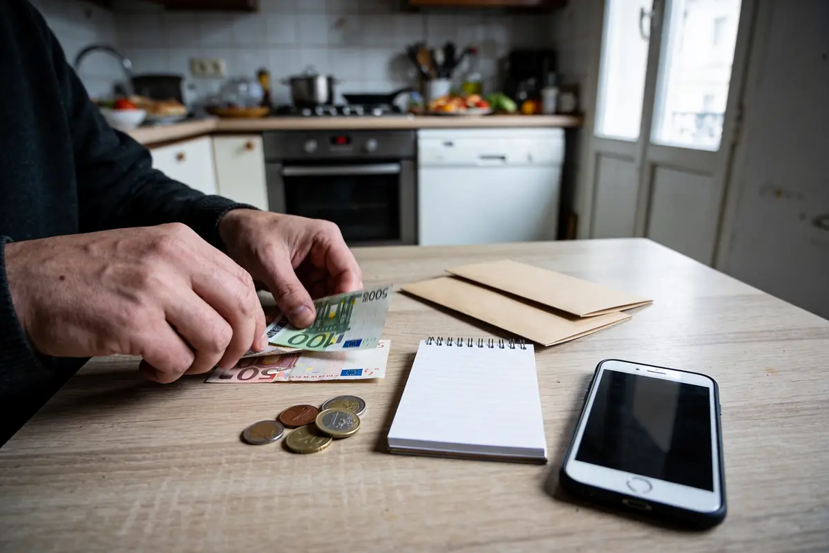 Personne comptant des billets et pièces sur une table, avec cahier, enveloppes et smartphone dans une cuisine.