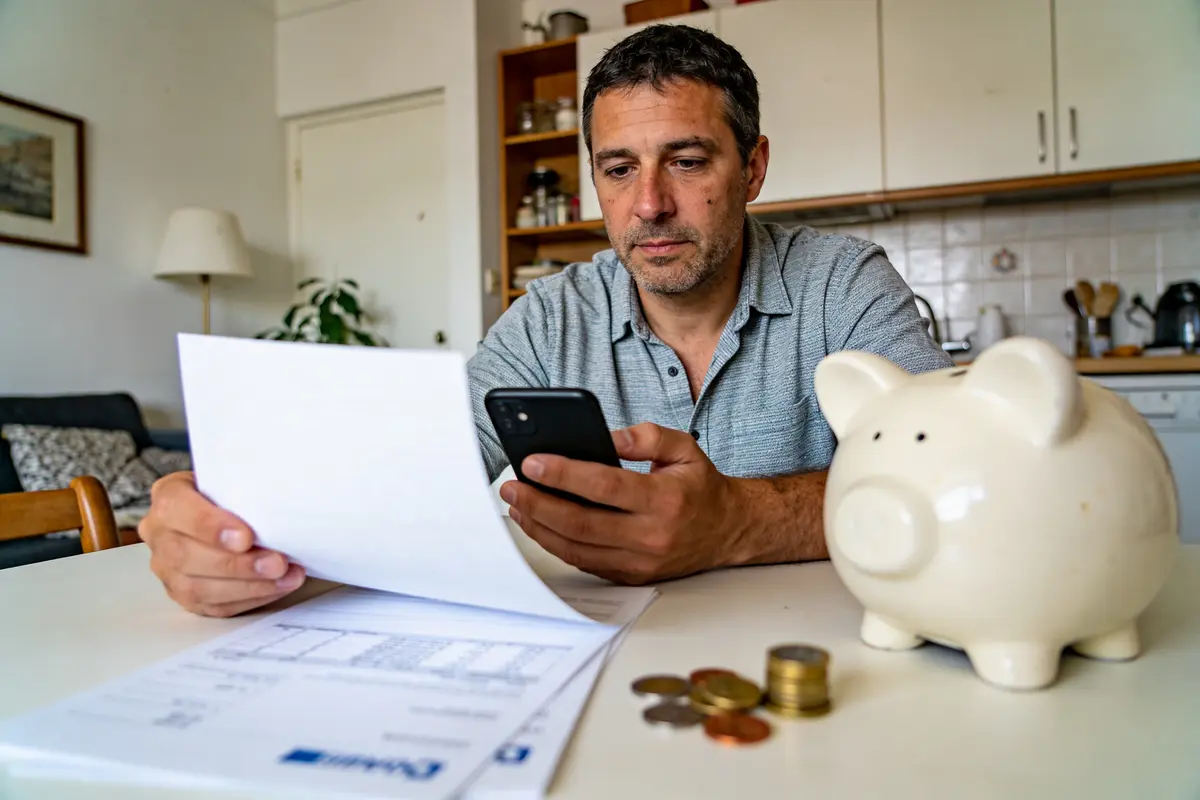 Homme préoccupé vérifiant ses finances à domicile avec smartphone. Tirelire en céramique, pièces de monnaie sur la table.