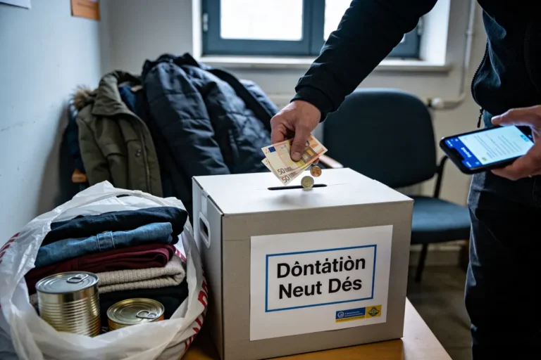 Une personne dépose de l'argent dans une boîte de dons à côté de vêtements et conserves.