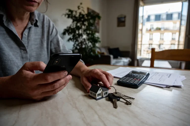 Personne utilisant smartphone, tenant maquette maison avec clés, calculatrice et documents sur table.