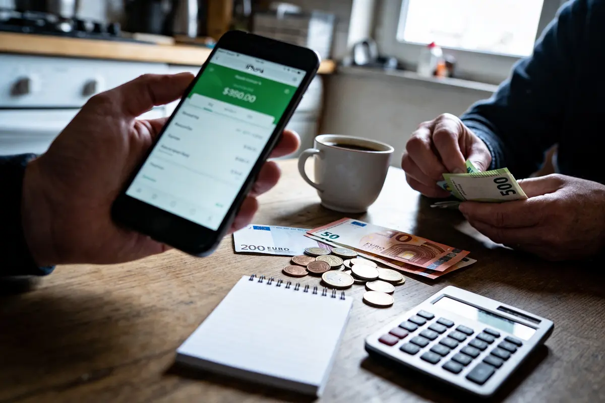 Main tenant smartphone, billets d'euro, pièces, calculatrice, tasse de café, carnet sur table en bois.