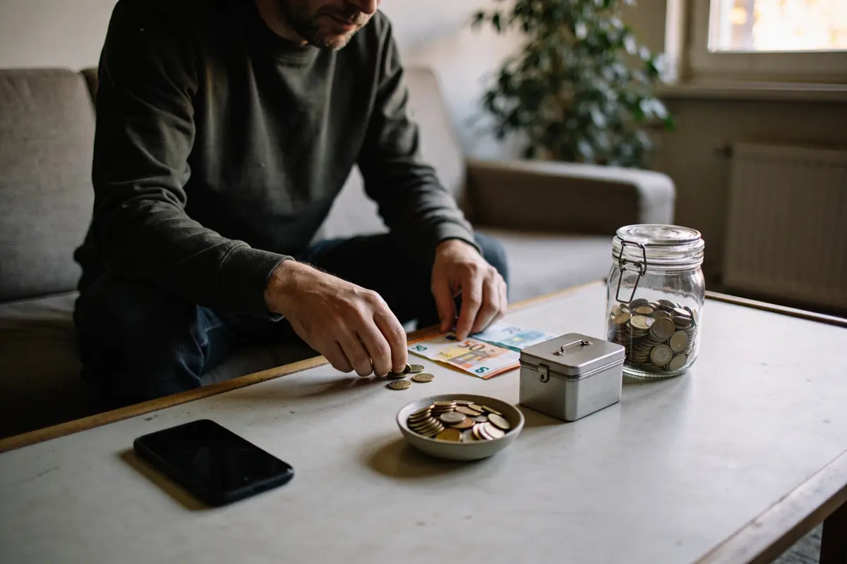 Personne comptant des pièces et billets près d'un téléphone, pot en verre et boîte posés sur une table.