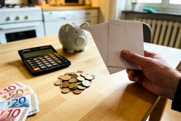 Main tenant enveloppes, calculatrice, tirelire cochon, billets et pièces d'euros sur table en bois cuisine.