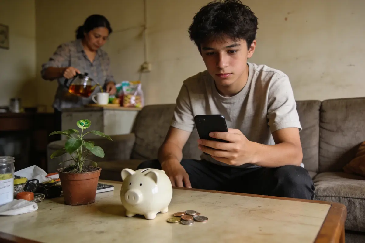 Un garçon regarde son téléphone, avec une tirelire, des pièces et une plante sur la table.