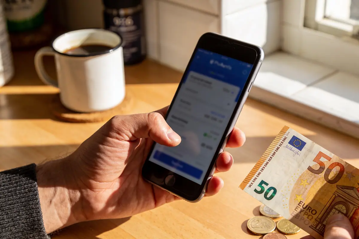 Personne tenant un smartphone affichant une application de finances, billet de 50 euros, tasse de café en arrière-plan.