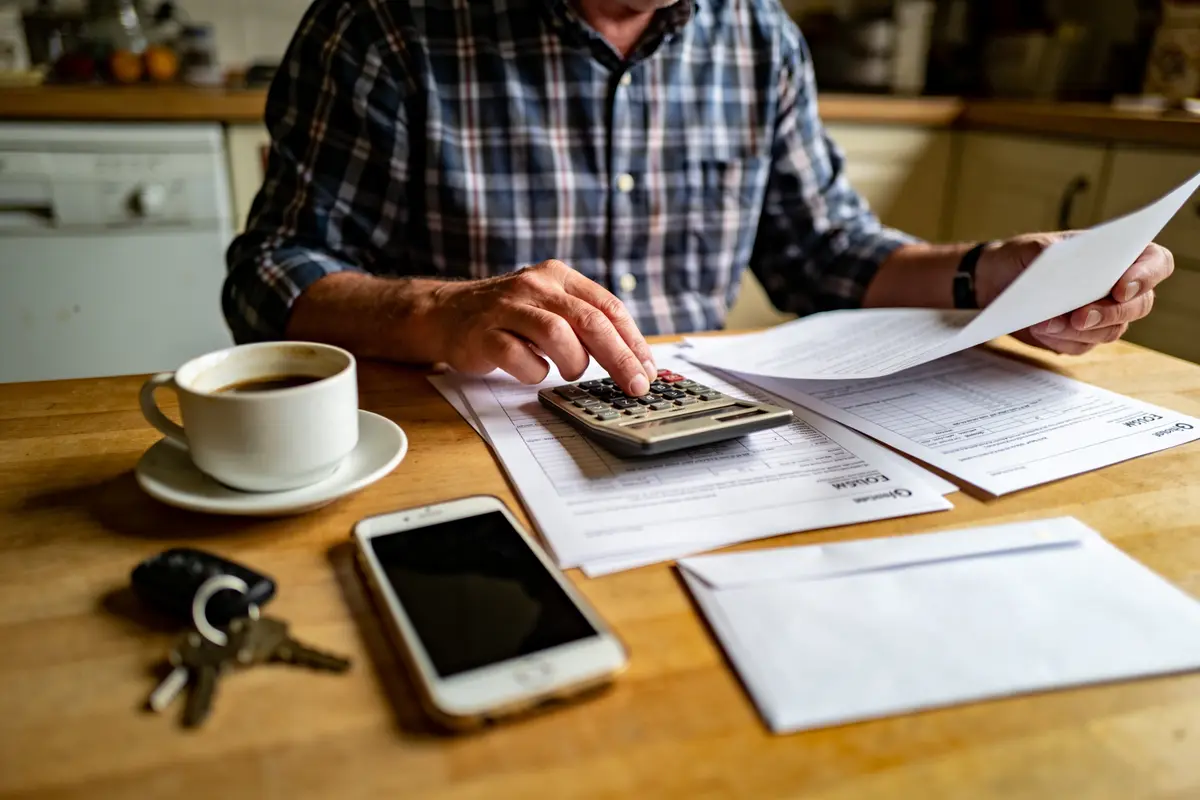 Personne calculant des factures avec calculette, téléphone, clés, café sur table en bois.