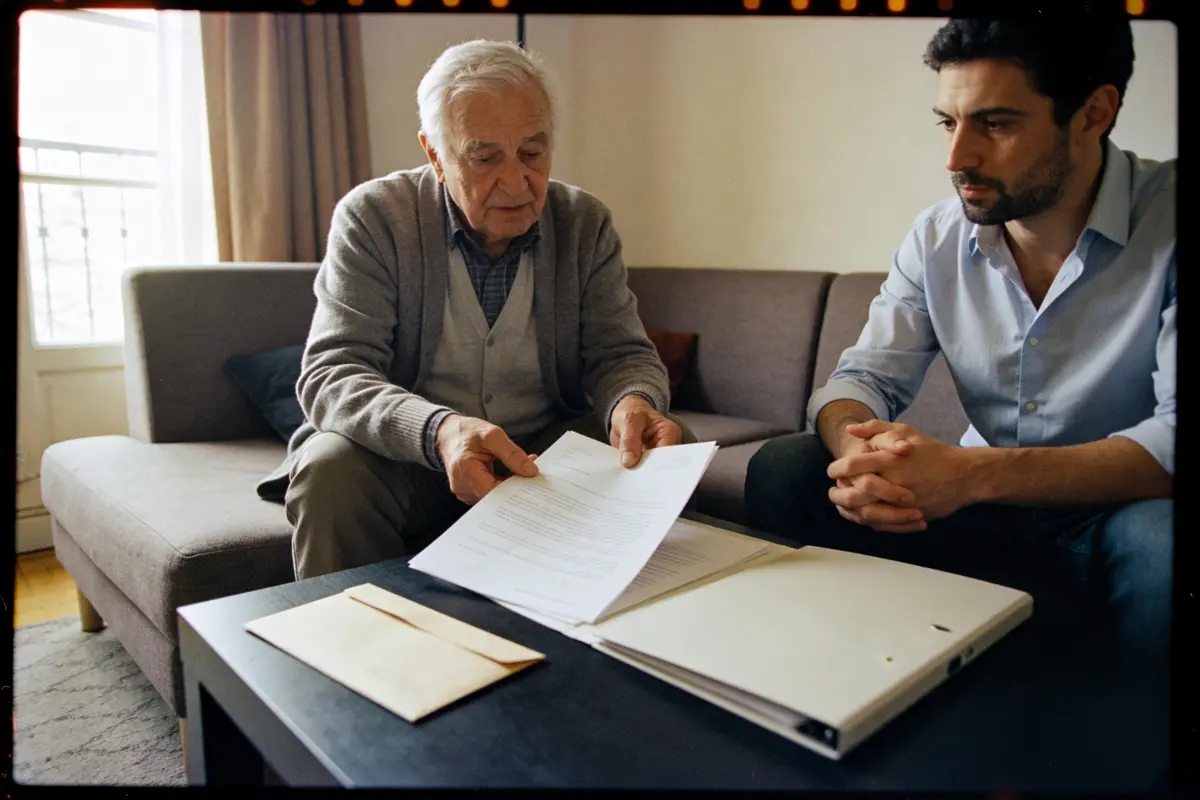 Homme âgé et homme plus jeune discutant, tenant des documents, assis sur un canapé dans un salon.