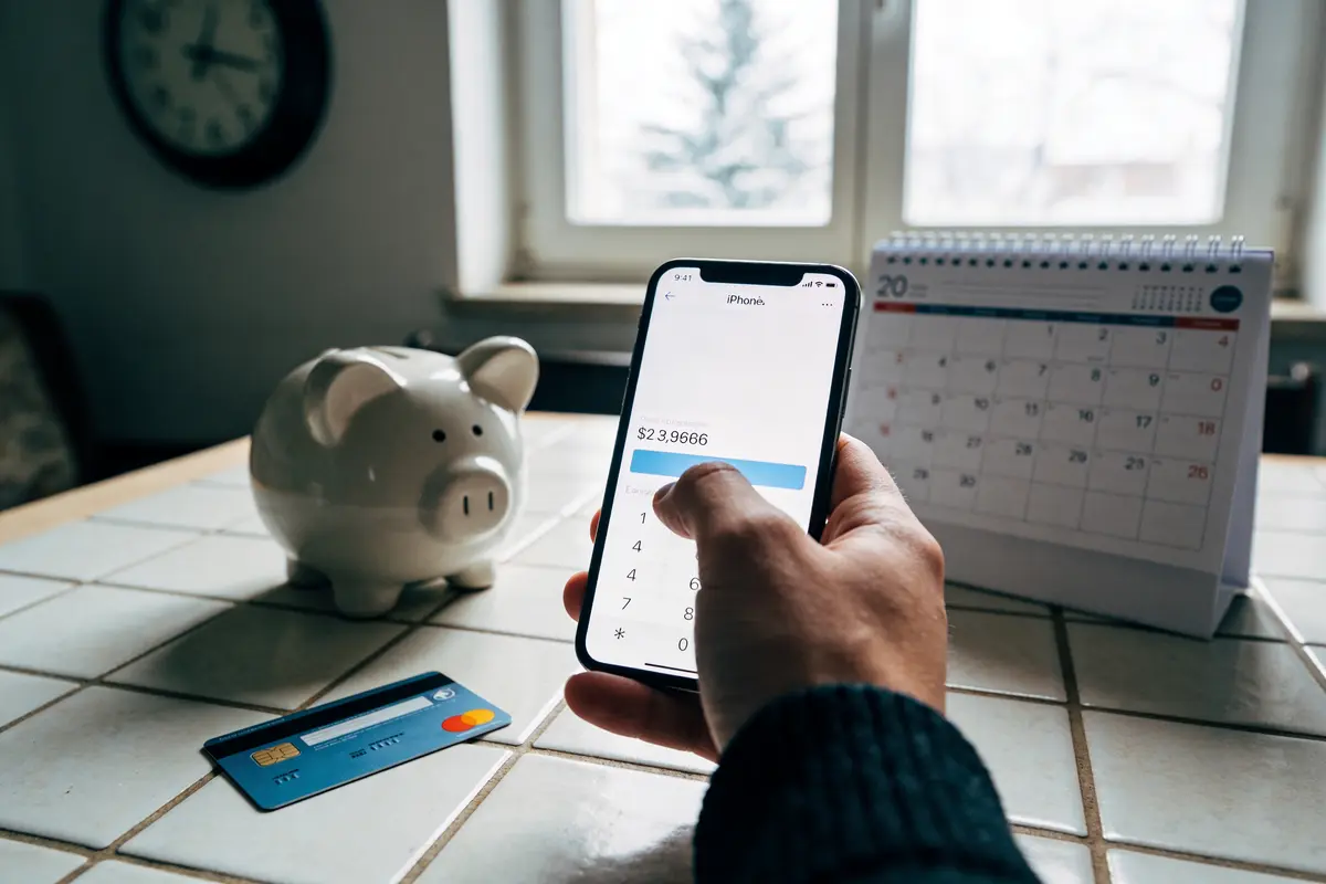 Personne utilisant un smartphone pour vérifier solde, avec tirelire, carte bancaire, et calendrier sur table.