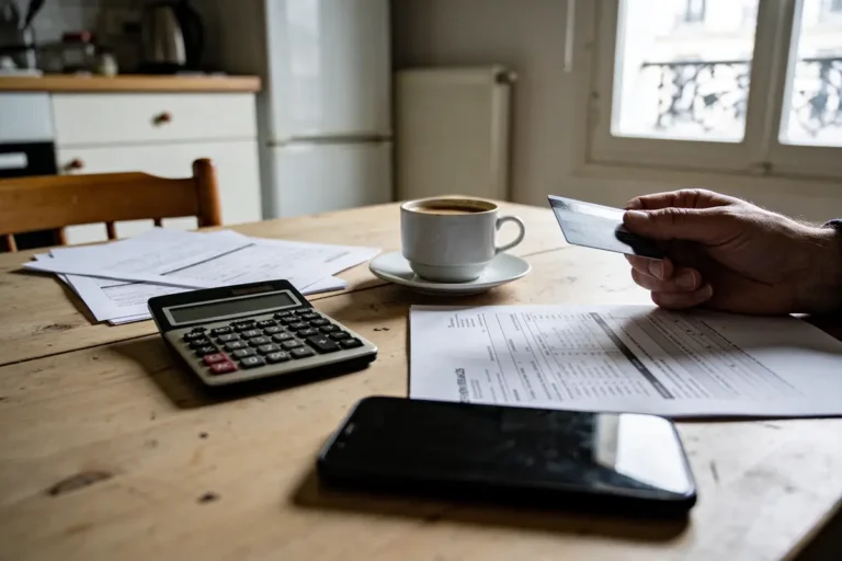 Main tenant une carte bancaire, table avec documents, calculatrice, smartphone, tasse de café, intérieur cuisine.
